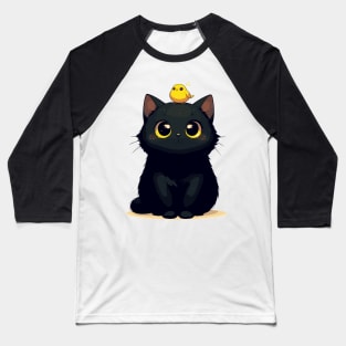 Cute Black Cat And Yellow Bird Baseball T-Shirt